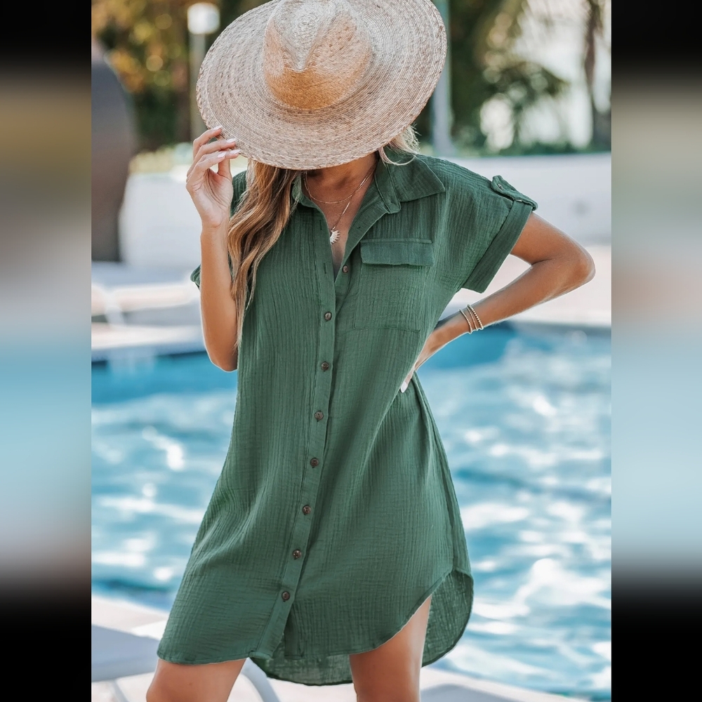 Green Collared Front Button Mini T-shirt Dress